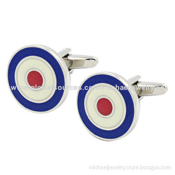 Brass Cufflinks with Blue & White & Red Enamel and Plating White Steel (Nickel-Free)